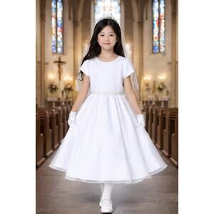 NEW Girls First Holy Communion Dress Size 10X Satin & Crystal Organza Tea-Length
